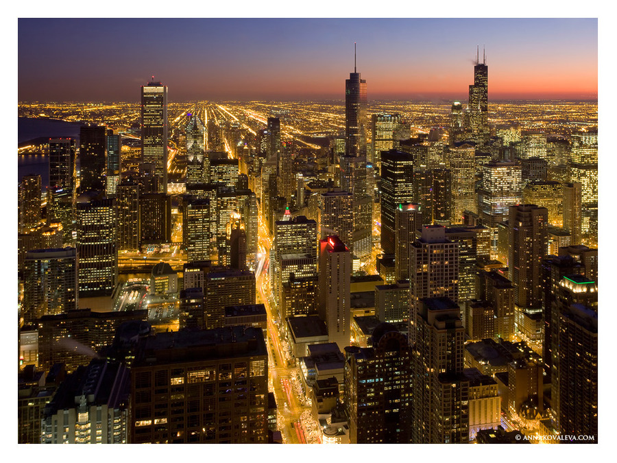 Chicago. From above | megalopolis, skyscraper, night, lights, panorama, Chicago, USA