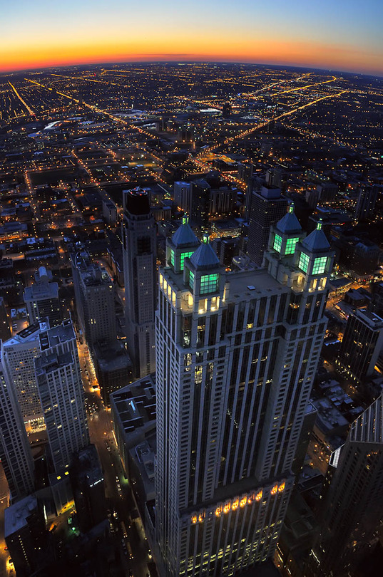 The Earth is round after all | view from the top, megalopolis, skyscraper, night, lights, panorama, USA, Chicago