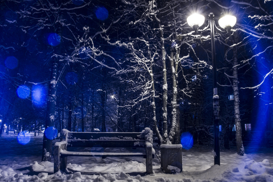 Blue lens flares from street lamp